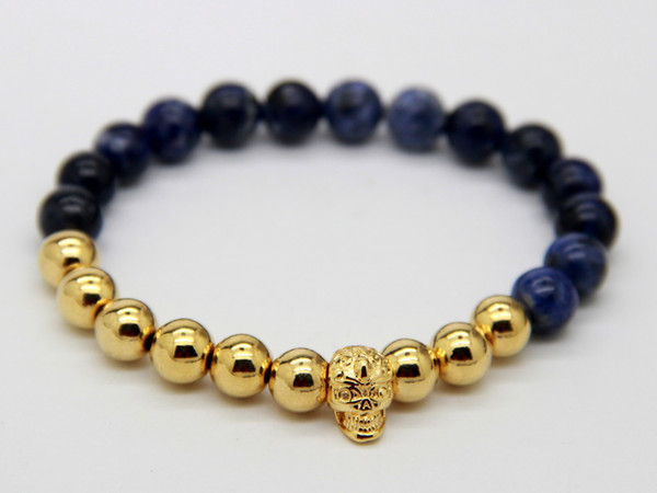 2015 Hot Sale New Design Jewelry Wholesale Top Quality 8mm Blue-Vein Stone Beads Real Gold-plated Bronze Yoga Skull Bracelets