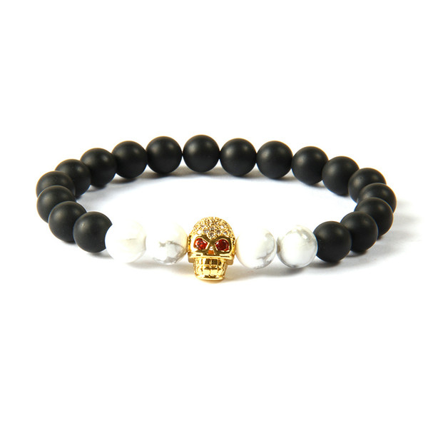 New Mens Jewelry Wholesale 8mm Natural Black Matte Agate Stone Beads With Clear Cz Red Eye Skull Beaded Bracelet For Gift