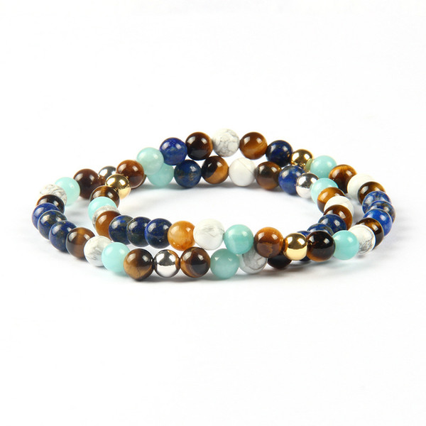 Wholesale Summer Wrap-Around Jewelry 6mm Real Plated Copper Beads And Natural Mix Colors Stone Beaded Elastic Bracelet