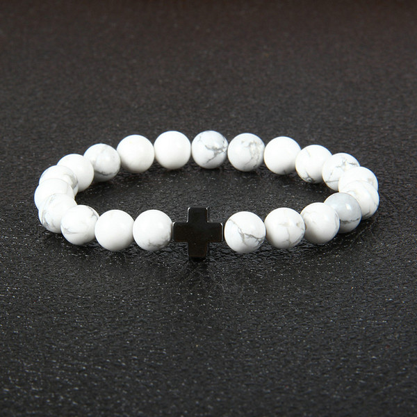 New Design Bracelet Wholesale 10pcs/lot 8mm Best Quality White Howlite Stone Beads with Hematite Royal Cross Jesus Bracelets