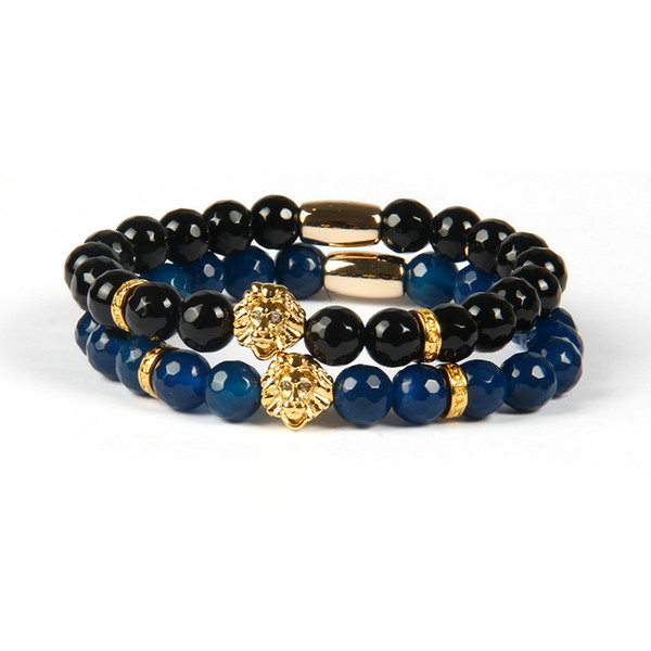 Top Quality Jewelry Wholesale 8mm Faceted Blue and Black Agate Stone Beads with PVD Plated Lion Head Bracelets for men