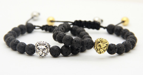 2016 New Arrival Top Quality Jewelry Wholesale 8mm Lava Rock Stone Beads Real Gold Plated and Silver Macrame Lion Head Bracelet