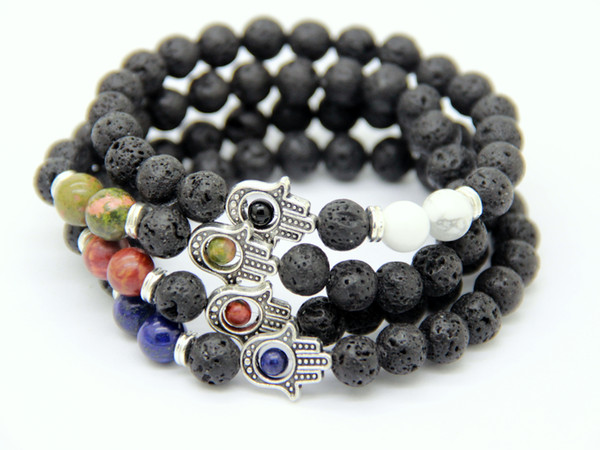 New Design Men's Beaded Protection Hamsa Bracelets,lava stone, picasso jasper, lapis lazuli, unakite Stone Beads Jewelry