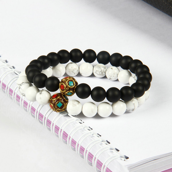 New Design Wholesale 10pcs/lot Matte Agate and White Marble Stone Tibetan Beaded Bracelets for Lovers