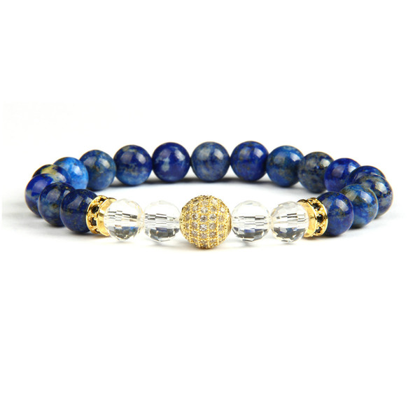 Gold Bracelets Wholesale 10pcs/lot Micro Pave Clear Cz Ball Beaded Bracelet For Men's Gift With Natural Lapis Stone Beads