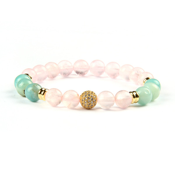 Wholesale 10pcs/lot 8mm Natural Pink Crystal & Amazon Stone Beads With Cear Cz Ball Lucky Energy Bracelet For Girl Gift