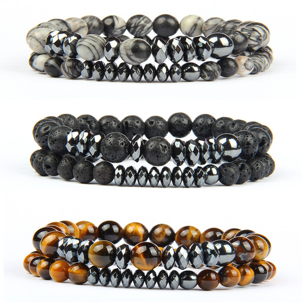 Mens Stone Beaded Bracelet Set Wholesale Lave Tiger Eye Matte Agate Onyx Flash And Net Stone Hommes Bracelets & Bangles