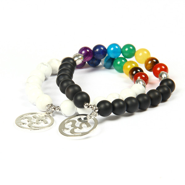 New Design Wholesale 10pcs/lot 8mm Natural Stone With 7 Chakra Healing Stone Yoga Meditation Big Silver Om Couples Distance Bracelet