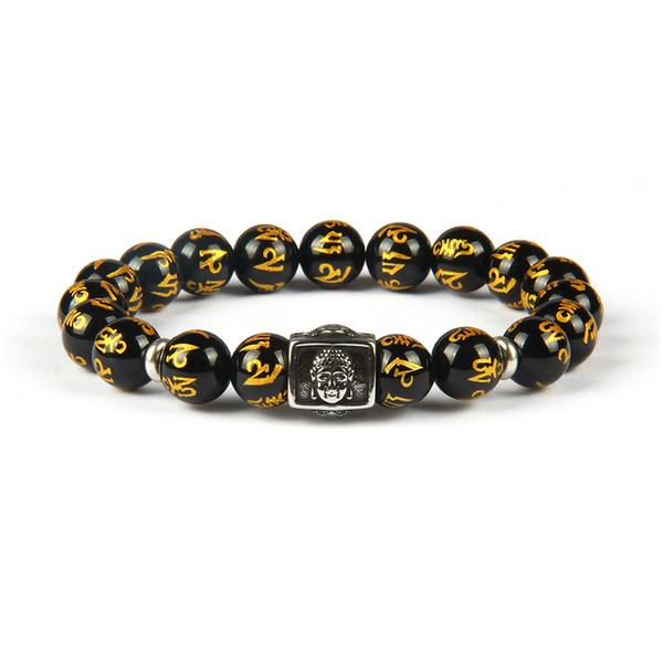 Stailess Steel Tibetan Mens Jewelry Om Mani Padme Hum Buddha Bracelet With 10mm Natural Black Onyx Stone Beads