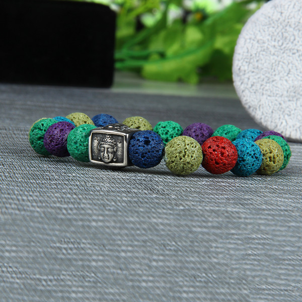 Yoga Jewelry Wholesale 10pcs/lot Stainless Steel Buddha Beaded Chakras Bracelet With 10mm Multicolor Lava Stone Beads