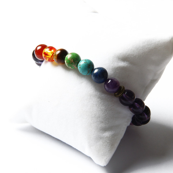 7 Chakra Healing Stone Yoga Meditation Bracelet 8mm Purple Glass Beads With Natural Sediment, Tiger Eye Stone And Crystal Stretch