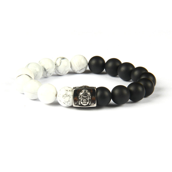 Stainless Steel Big Buddha Bracelet With 10mm Natural Black Agate & Howlite Stone Beads Bracelets For Men