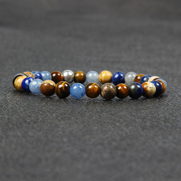 Fashion Summer Sandbeach Jewelry Wholesale 6mm Natural Tiger Eye & Lapis Lazuli Stone Beaded Elastic Wristband Bracelet For Nice Girl's Gift