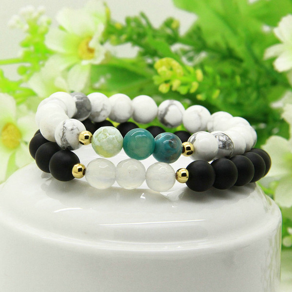 New Designs Lovers Jewelry Wholesale 5set/lot 8mm Black Matte Agate And White Stone Beads Distance Bracelets For Couples