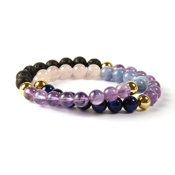 Stone Jewelry Wholesale 10 Pieces/lot 8 mm Natural Purple Crystal Blue Tiger Eye Stone Double Layer Men's Wrap-Around Bracelet