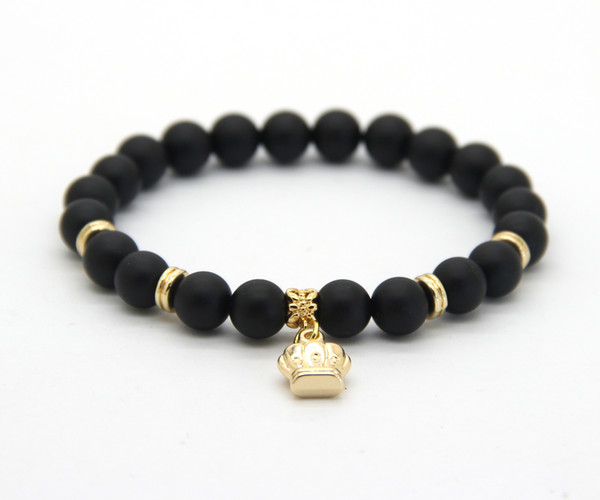 New Arrival Stone Jewelry Wholesale 8mm Real Matte Onyx Stone Beads with Crown Bracelets Party Gift