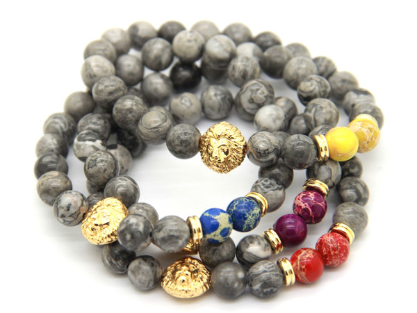 2016 Mens Jewelry Wholesale 10pcs/lot Mix colors Blue Sea Sediment Stone Gold Lion Head Bracelets Grey Veined Picture Jasper