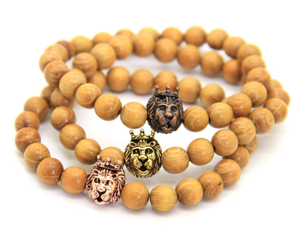 2016 High Grade Wholesale 8mm Natural Yellow Wood Beads with Real Gold Plated & Silver Crown Lion Head Bracelets