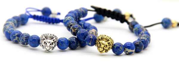 Wholesale Christmas Gifts 8mm Blue Sea Sediment Imperial Stone Beads Gold &Silver Lion Macrame Bracelet, 2015 New Design Jewelry