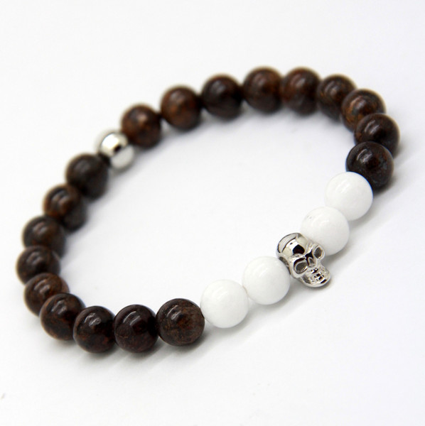 2015 New design Beaded Stretch Bracelets Wholesale Made by Bronzite Stone Beads and Silver-Plated Skull Yoga Jewelry