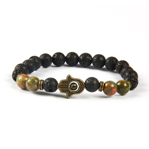 New Design Wholesale 10pcs/lot Lava Stone, Unakite stone Beads with Antique Bronze Hamsa Protection Stretch Bracelets