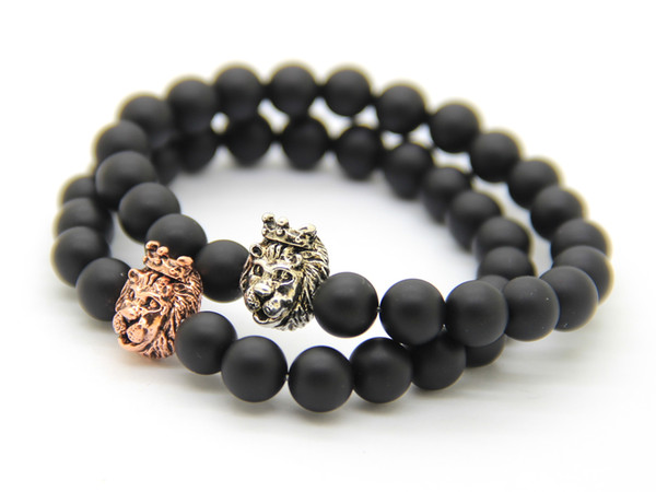 2016 New Mens Jewelry Wholesale 8mm Matte Agate Stone Beads with Real Gold, Silver and Rose Plated Crown Lion Head Bracelets