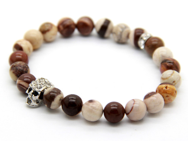 2015 New Design Summer Bracelets Wholesale 10pcs/lot made by Australian Zebra Stone Beads Crystal Silver Skull Yoga Bracelet