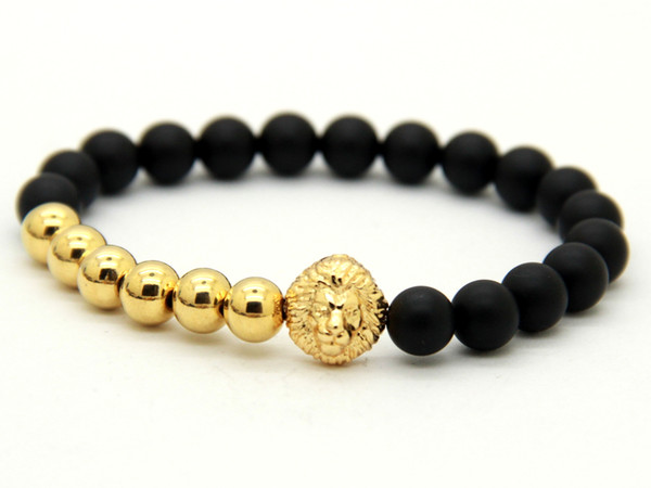 2016 New Design Jewelry Wholesale Top Quality Real Gold-plated Bronze Lion Head Bracelet with Natural Matte Agate Stone Beads