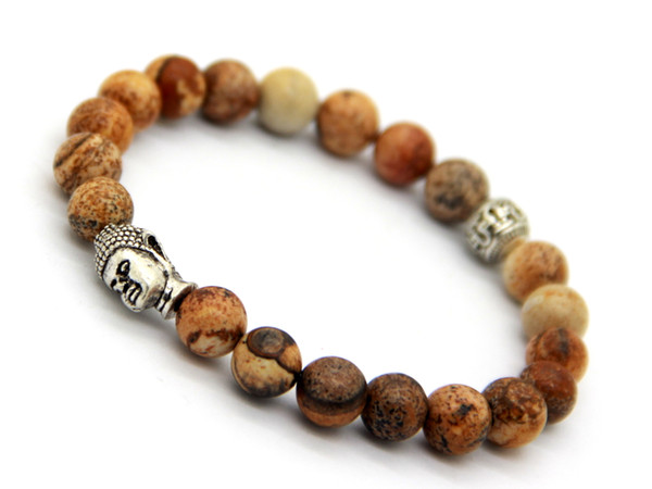 Hot Sale Jewelry Natural Picture Jasper Loose Semi Precious Stone Beads Men's Antique Silver Buddha Bracelets, Strech