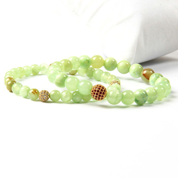 10 Pieces Wholesale Couples Jewelry 6mm Natural Light Green Stone With Clear Cz Ball Beaded Bracelet For Girl And Women's Gift