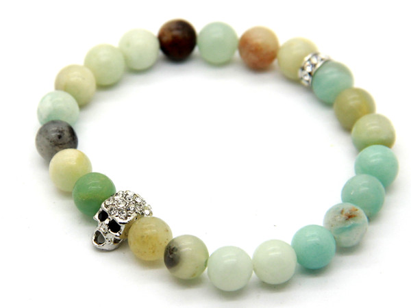 2015 New Design Jewelry Wholesale 8mm Natural Amazonite Stone Beads Silver Skull Bracelets, Summer Bracleets Party Gift