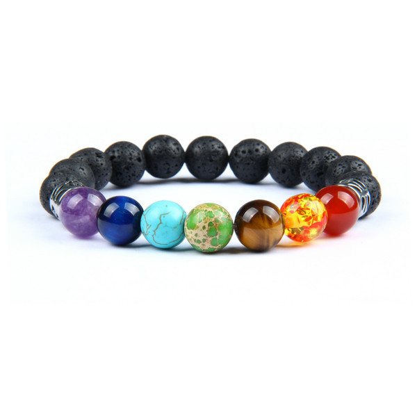 Hot Sale 7 Chakra Healing Stone Yoga Meditation Bracelet 10mm Lava Rock Stone Beads Stainless Steel Jewelry