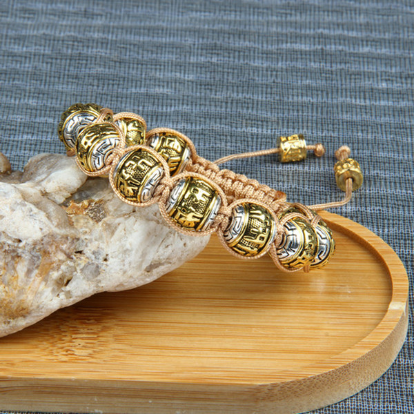 Wholesale 10pcs/lot 12mm Tibetan Gold Color Braided Bracelet Six Words Om Mani Padme Hum Mantra Jewelry