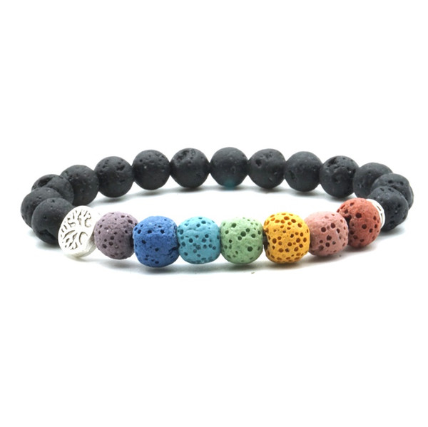 Lots Size Tree of Life 8mm Colorful Seven Chakras Black Lava Stone Bracelet DIY Aromatherapy Essential Oil Diffuser Bracelet Yoga Jewelry