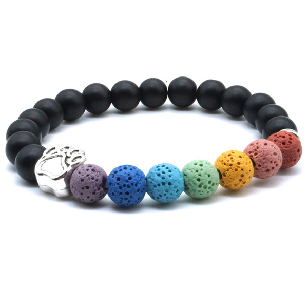 Colourful 8mm Lava Stone Dog Paw Seven Chakras Healing Balance Beads Reiki Buddha Prayer Essential Oil Diffuser Bracelet Jewelry