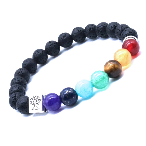 8mm Lava Stone Silver Tree of life 7 Chakra Healing Balance Beads Reiki Buddha Prayer Essential Oil Diffuser Bracelet Jewelry