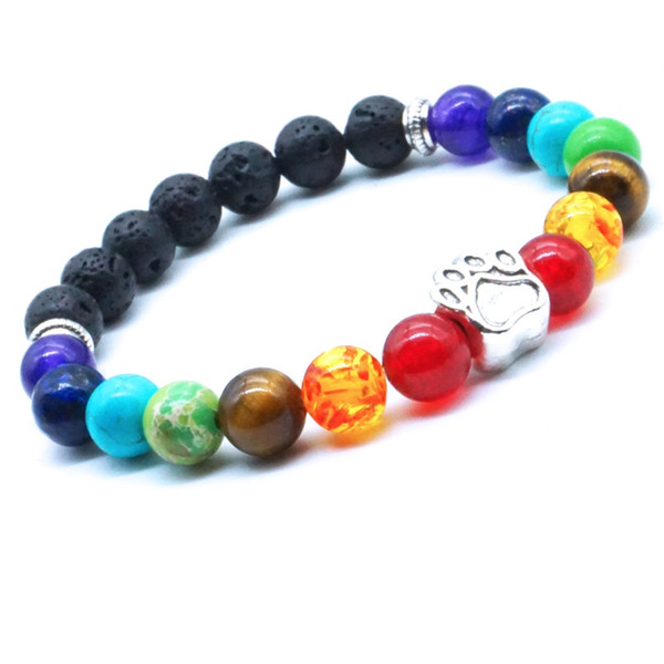 Paw 7 Chakras 8mm Black Lava Stone Beads DIY Aromatherapy Essential Oil Diffuser Bracelet Yoga Strand Jewelry Dog Pet Loved Jewelry