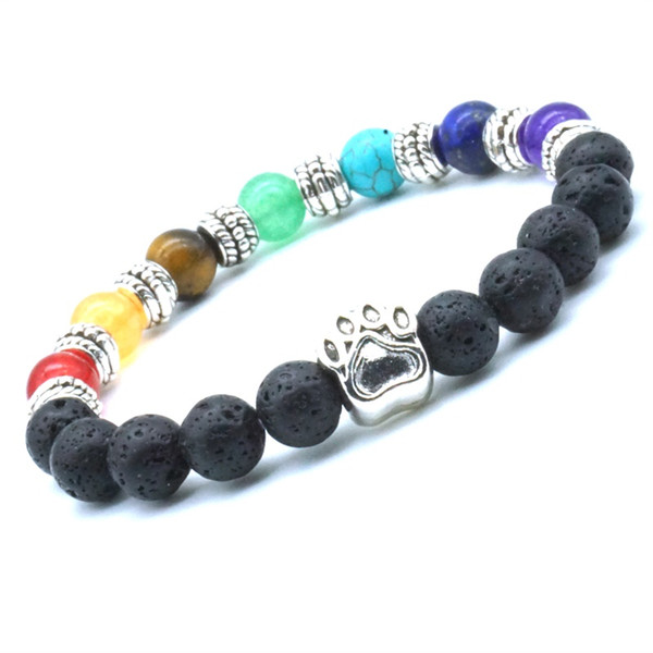 Men 8MM Lava Stone Dog Paw Seven Chakras Healing Balance Beads Reiki Buddha Prayer Essential Oil Diffuser Bracelet Jewelry