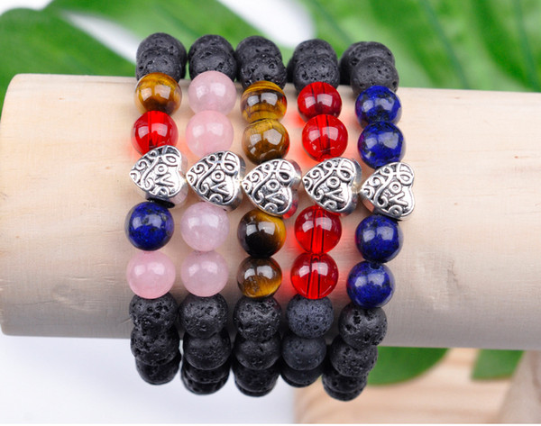 Love Heart 8mm Black Lava Stone Bracelet Seven Chakras Beads DIY Aromatherapy Essential Oil Diffuser Bracelet Yoga Jewelry