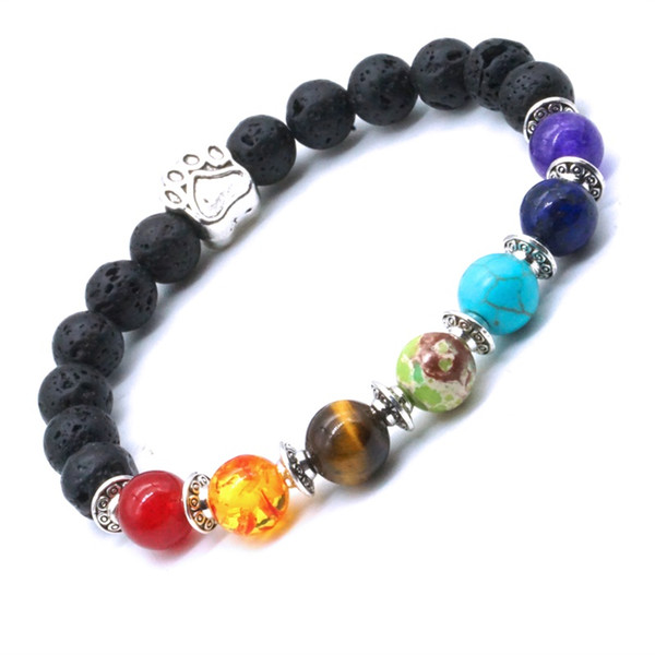 Seven Chakras Dog Paw 8mm Black Lava Stone Bracelet DIY Aromatherapy Essential Oil Diffuser Bracelet Yoga Jewelry