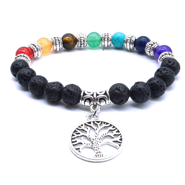 Seven Chakras Tree of Life 8mm Black Lava Stone Bracelet DIY Aromatherapy Essential Oil Diffuser Bracelet Yoga Jewelry