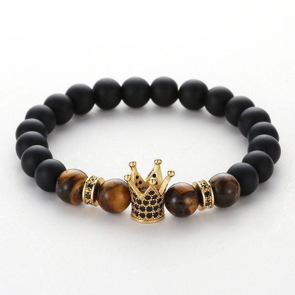 4 Colors Fashion Paved Zircon Imperial Crown Bracelet 8mm Matted Black Agate Stone Beads Bracelet Balance Yoga Friendship Wristband Jewelry