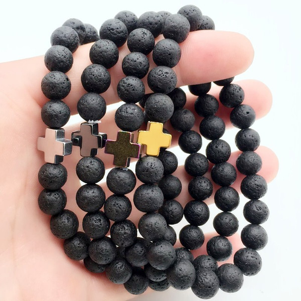 Hematite Cross & 8mm Black Lava Stone Bracelets Aromatherapy Essential Oil Diffuser Bracelet Bangle Energy Prayer Yoga Jewelry