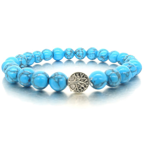 3 Colors 8mm Turquoise Stone Beads Bracelet Tree of Life Charms Bracelet Natural Stone Strand Bracelet Men Women Stretch Yoga Jewelry