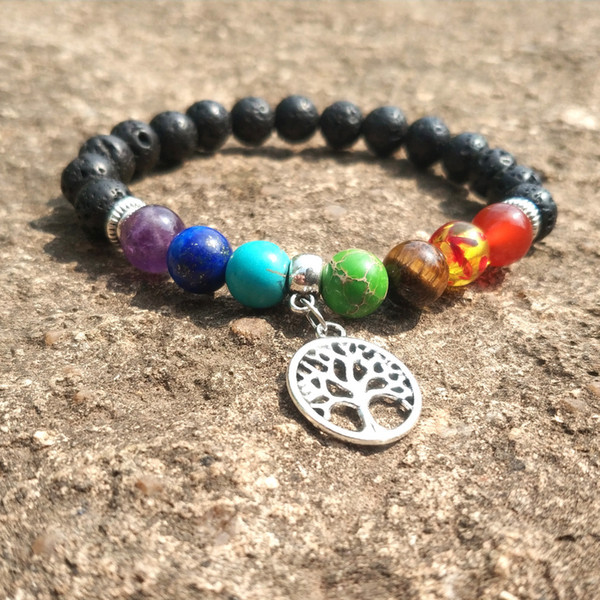 Seven Chakras Tree of Life Charms 8mm Black Lava Stone Beads DIY Aromatherapy Essential Oil Diffuser Bracelet Yoga Jewelry