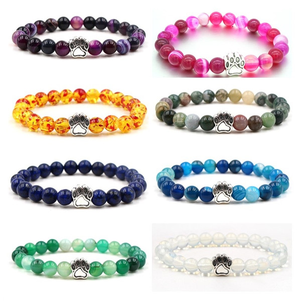 8 Colors Stripe Agate Stone Yoga Bracelet Dog Hand Paw Charms Elastic Rope Opal Bead Bracelet Fashion Men Women Jewelry