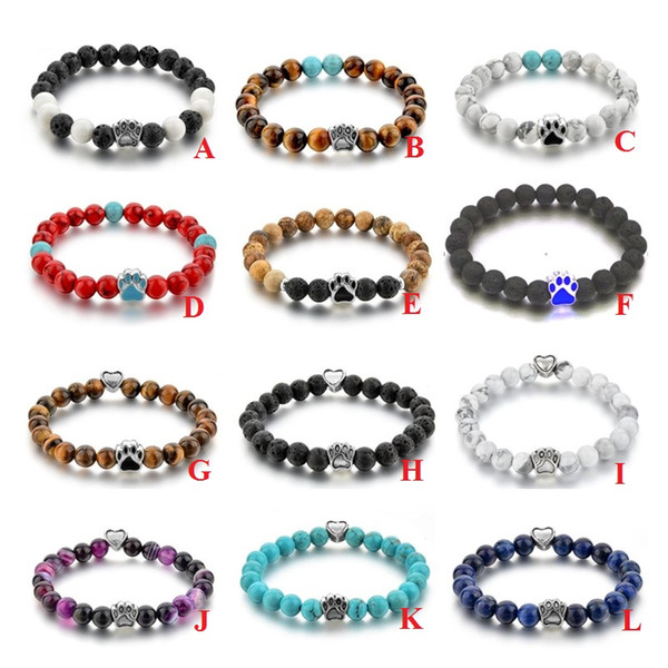 12 Styles Natural Stone Yoga Bracelet Heart Dog Hand Paw Elastic Rope Tiger Eye Turquoise Bead Bracelet Fashion Men Women Jewelry