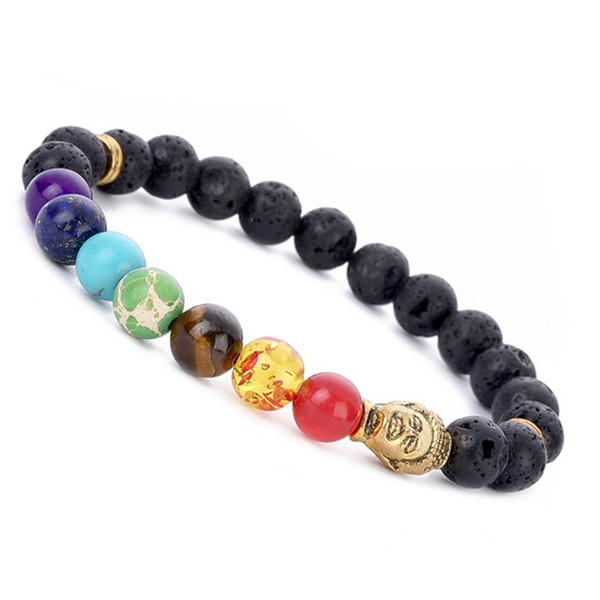 Buddha Head 8mm Seven Chakras & Black Lava Stone Bracelets Aromatherapy Essential Oil Diffuser Bracelet Bangle Energy Prayer Yoga Jewelry