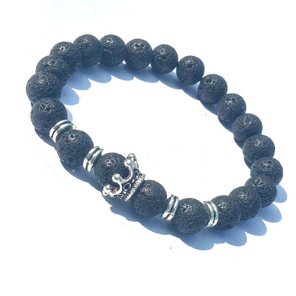 Classic Crown Charms 8mm Aromatherapy Black Lava Stone Volcanic Rock Bracelet Women Essential Oil Diffuser Strand Jewelr