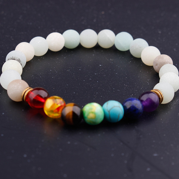 New 8mm Matted Amazon Stone Beads Bracelet Seven Chakras Beaded Strand Bracelet Bangle Energy Yoga Jewelry